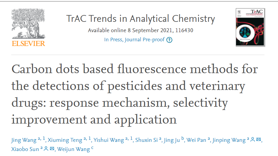 王进平教授团队在国际顶级期刊发文阐释基于碳点的农兽药检测方法